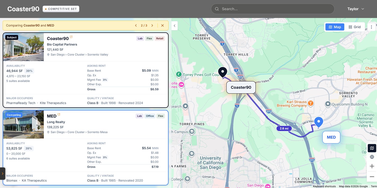 Suite Level competitive set map view: a subject and a competing property compared side by side with asking rent, plotted on a map with the distance between them.