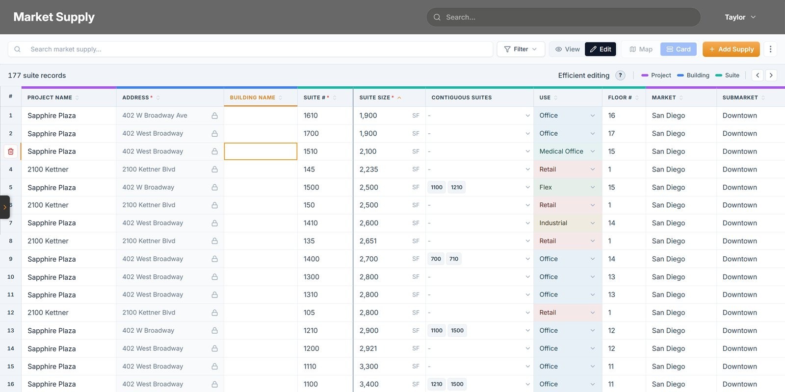 Suite Level Market Supply suite table: every suite with project, address, size, contiguous suites, use, floor, market and submarket, editable in place.
